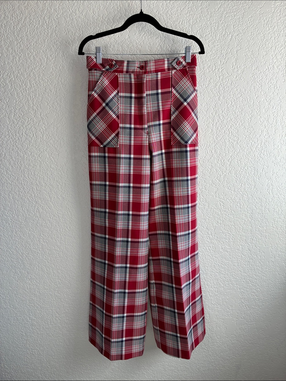 Kmart Vintage Wide Leg Pants Red Plaid Utility Pockets Stretch 27